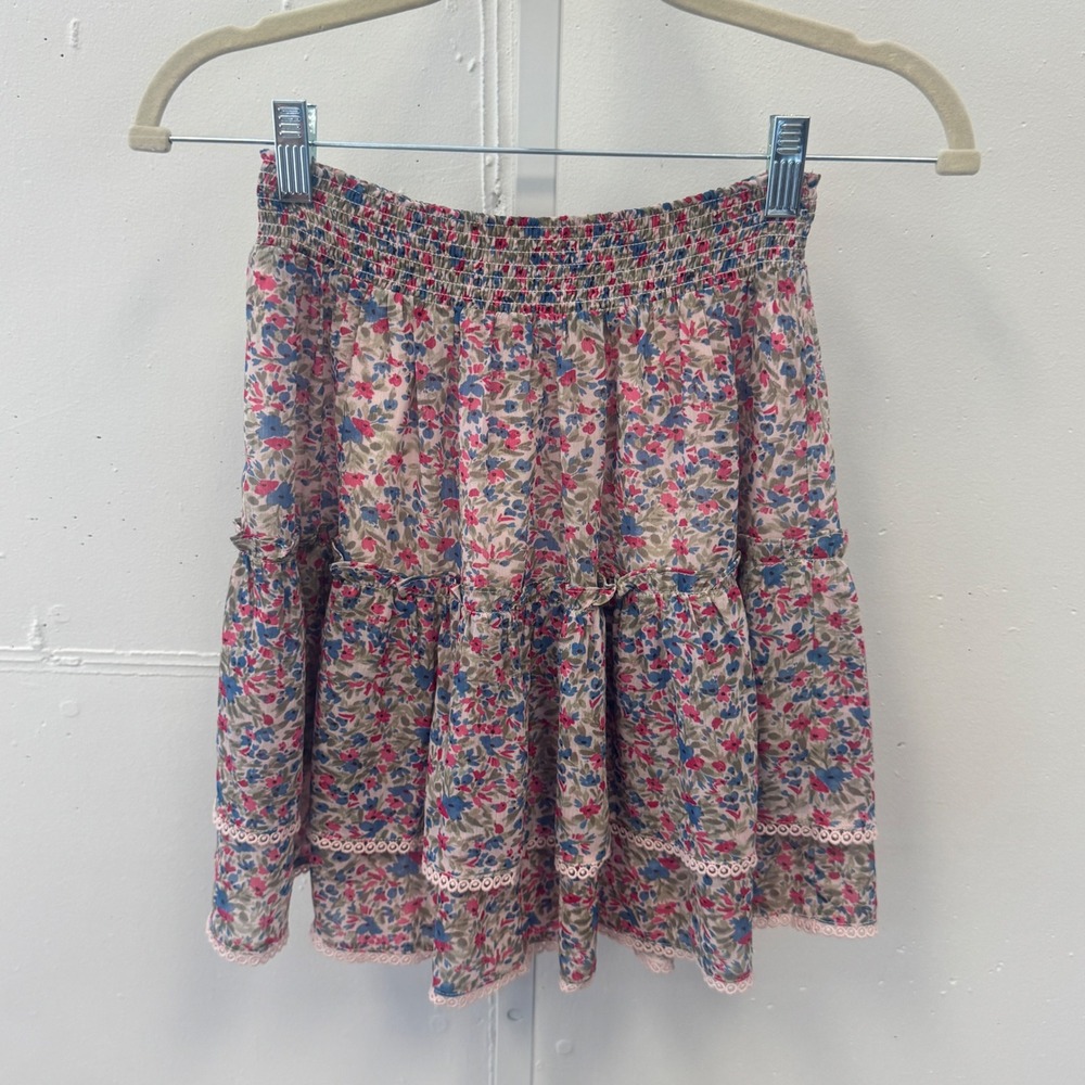 BB Dakota Steve Madden Floral Smocked Tiered Mini Skirt Pink Blue BL19417S Small